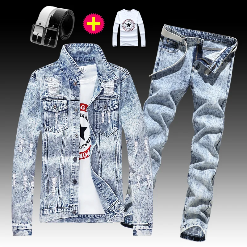 

Куртка мужская джинсовая однобортная с дырками, пальто и брюки из денима, с рубашкой и поясом, 4 предмета в повседневном стиле, B80, весна-осень
