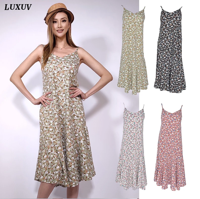 

LUXUV Women's Clothing Tank Dress Shirt Ruffle Floral Print Boho Traf Summer Beach Dress Sukienka Harajuku Midi Costume Robe