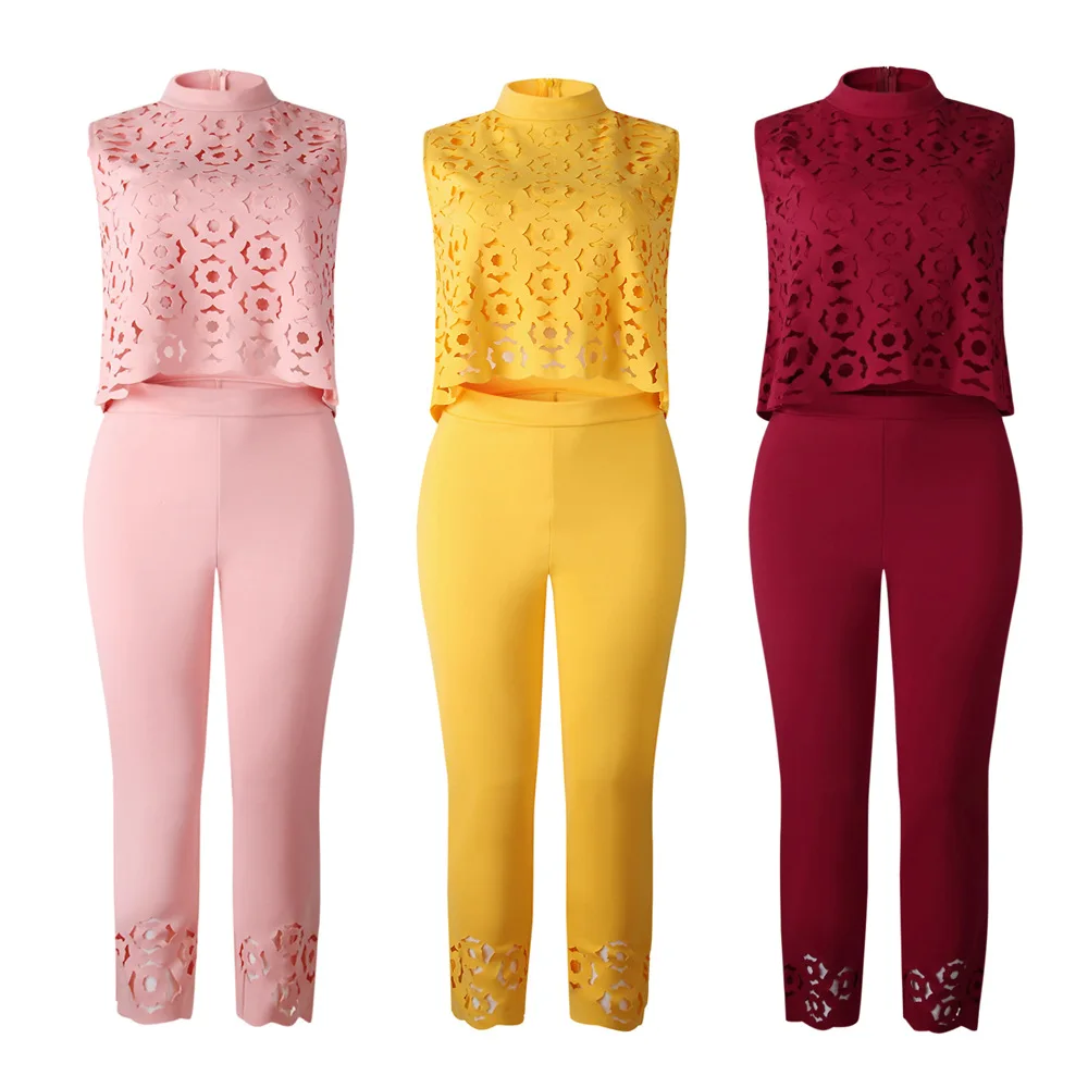 

African Clothes Two Piece Set Women Sleeveless Tops and Pants Hollow Flowe Dashiki Clothing Suits Slim Solid Tracksuit Summer