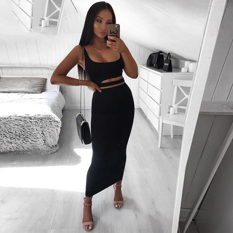 Женское платье двойка BEELVES однотонное облегающее с вырезами цвет черный