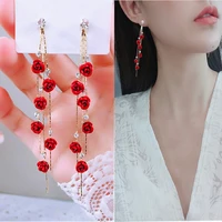 fashion red rose petal drop earrings for women purple rose gold color long tassel dangle earring wedding party ear decor jewelry