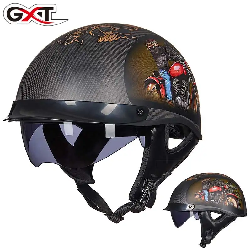 GXT Carbon Fiber half helmet Vintage Men's Motorcycle Retro Women's scooter Punk Skull style Moto casco Dot Casque | Автомобили и