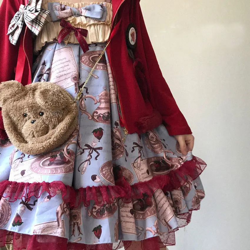 

Strawberry tableware printing lotus leaf mesh lace jsk Lolita retro print Lolita layered suspender dress