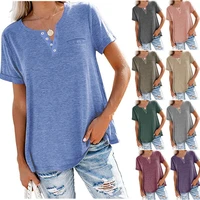 womens clothes fashion casual v neck button colid color summer loose short sleeve t shirt top