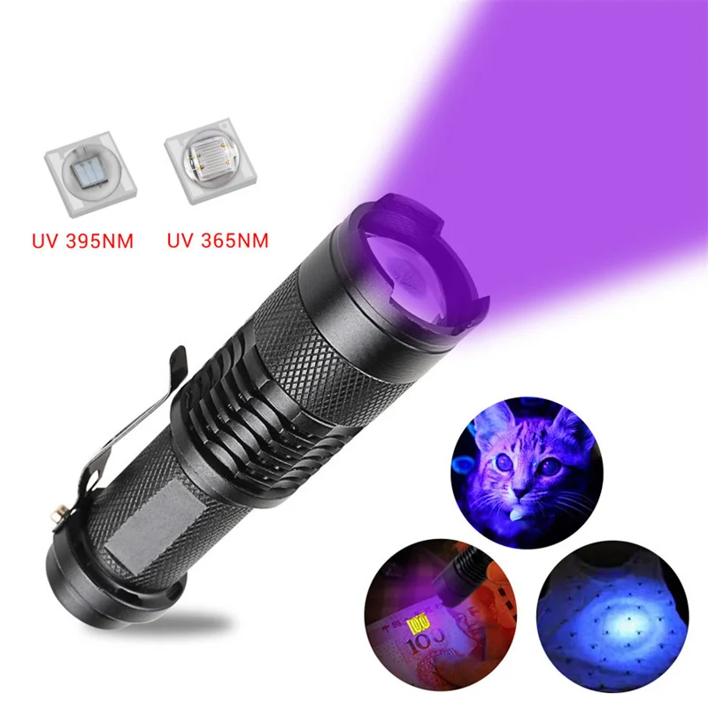 

Led Lanterna uv Ultravioleta Tocha Com Função De Zoom 365/395nm Mini UV Preto Luz Pet Manchas De Urina Detector Campo Caça