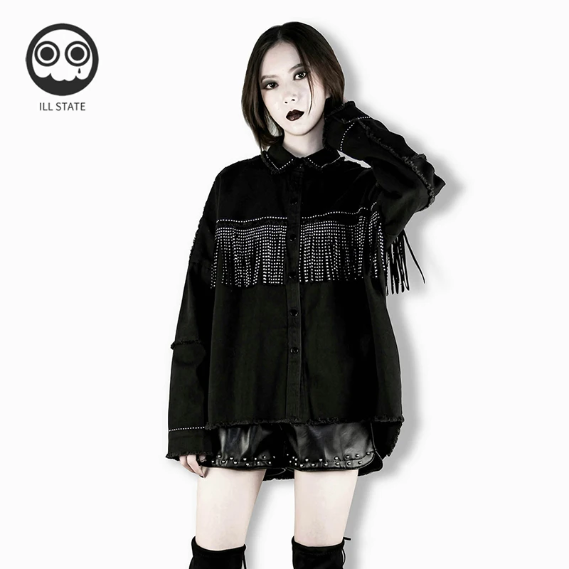 

Punk Fashion Women Blouses Black Tassel Turn Down Collar Cotton Ladies Tops Casual Wearing