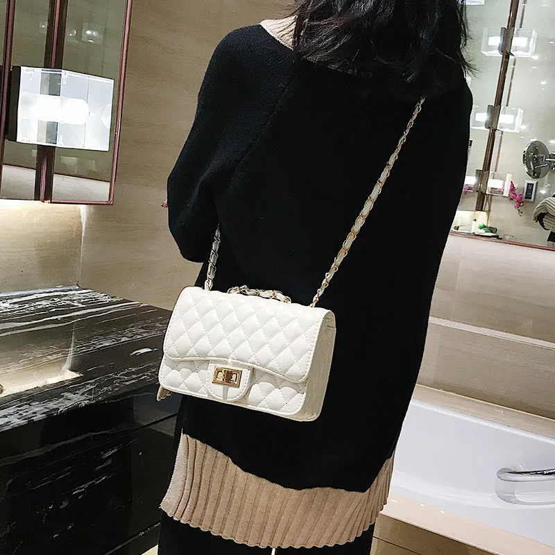 

New 2021 Small Square Bag Chain Lingge Women Shoulder Bag Ladies White Crossbody Pu Leather Flap Handbag