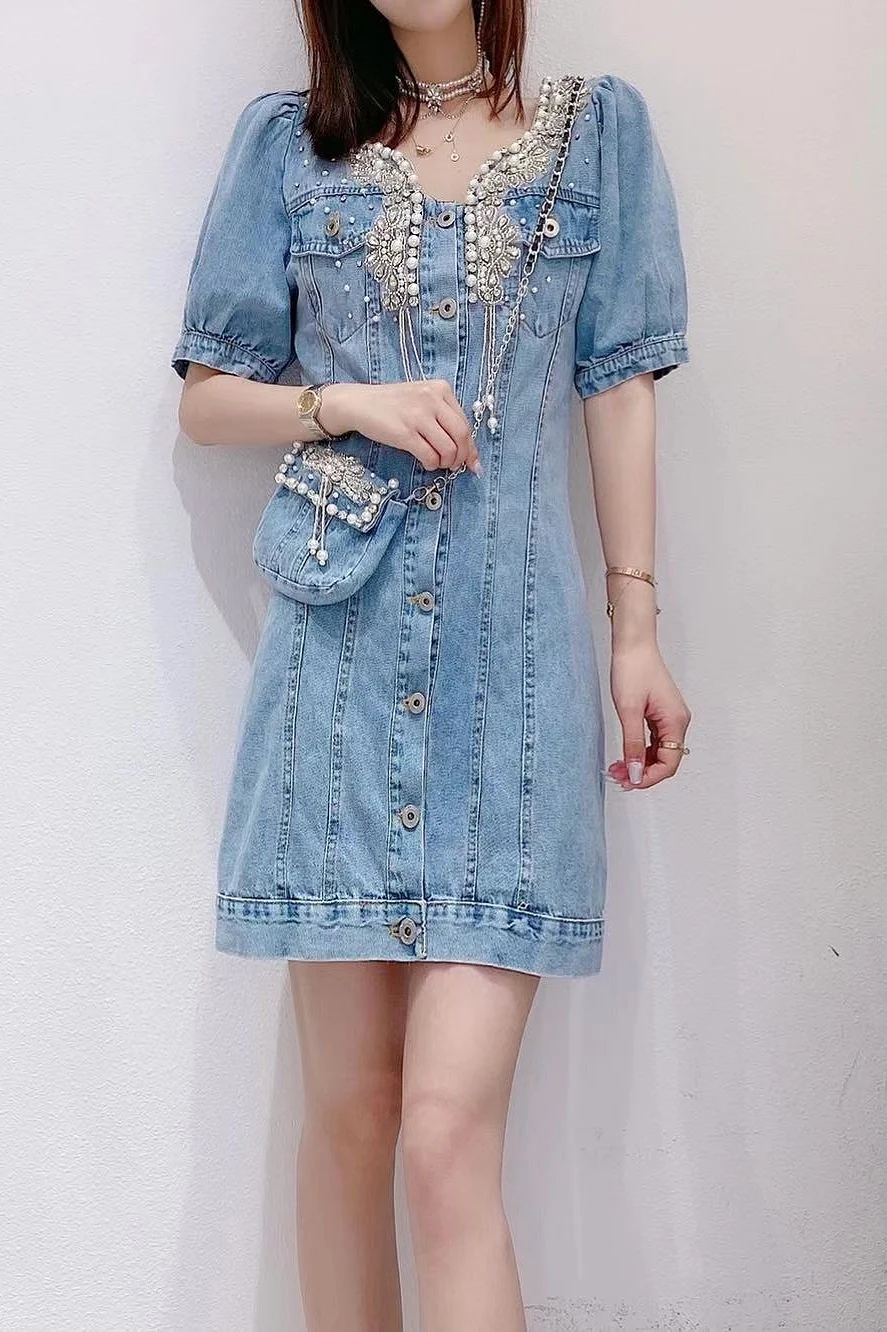 

2021 Summer Retro Slim Waist Fashion Beeding Women Denim Dress Luxury Rhinestone Puff Sleeve Mid-Length Ladies Mini Jeans Dress