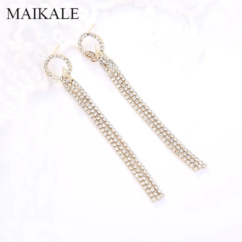 Женские длинные висячие серьги MAIKALE цепочки с цирконием и золотыми бабочками