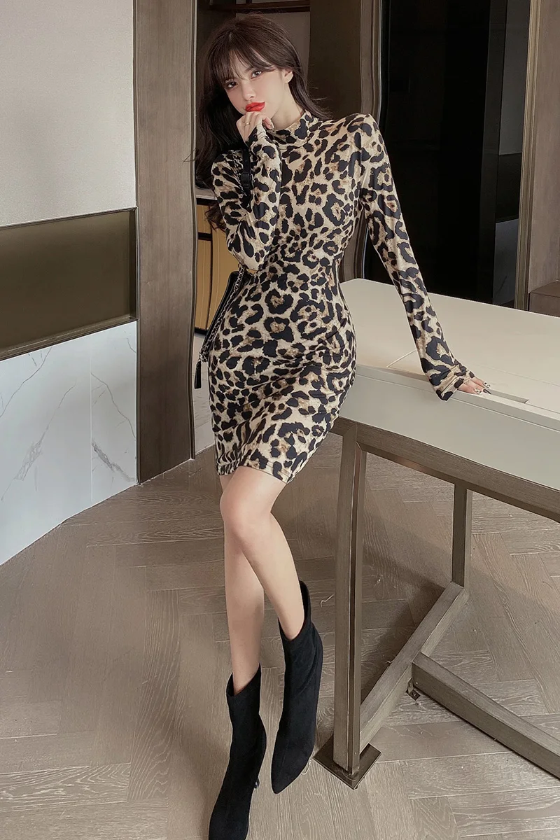 

Womens Sexy Turtleneck Dress Long Sleeve Bodycon Vintage Leopard Printed Mini Dresses Elegant Night Party Clubwear Vestidos