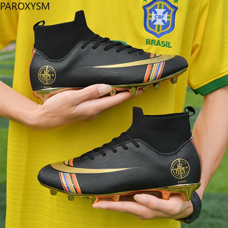 spesifikasi Putih/Hitam Emas Pria Sepak Bola Sepatu Tinggi Ankle Sepak Bola Sepatu Sepak Bola Wanita Sepatu Kaus Kaki Non-Slip
