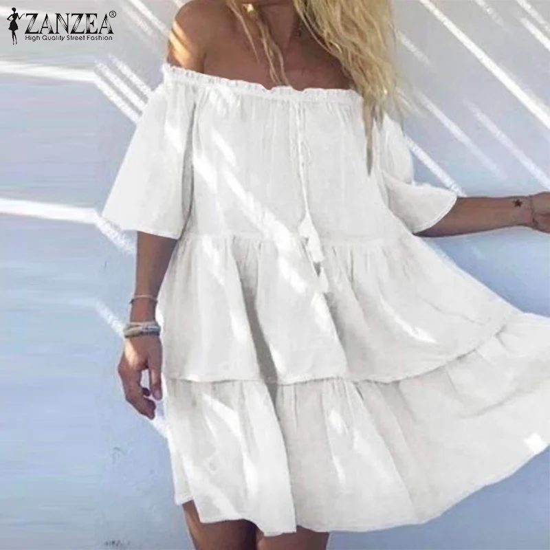 

ZANZEA Sexy Women Summer Bare Shoulder Beach Mini Dress Bohemian Boat Neck Short Sleeve Sundress Casual Solid Holiday Vestidos