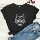 Женская хлопковая футболка, с геометрическим рисунком лисы, с коротким рукавом, белая, с круглым вырезом