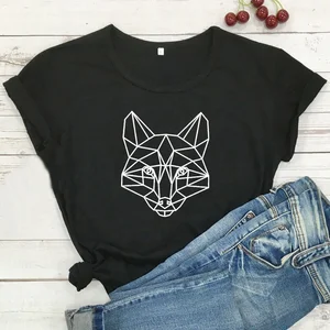 Женская хлопковая футболка, с геометрическим рисунком лисы, с коротким рукавом, белая, с круглым вырезом