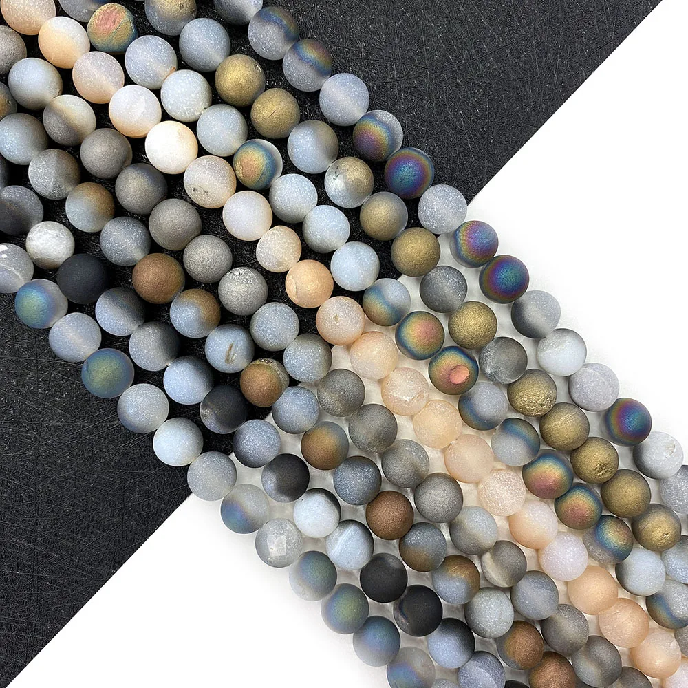 

Matte Color Natural Stone Agate Bead Fashion Electroplating Bead Blue Black Round Jewelry DIY Making Necklace Accessories