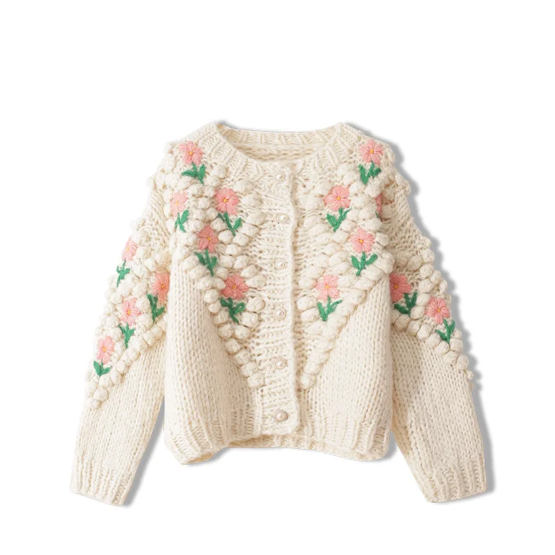 

Женский свитер ручной работы, вязаный пуловер в японском стиле с цветочной вышивкой и жемчужинами, джемперы высокого качества для зимы