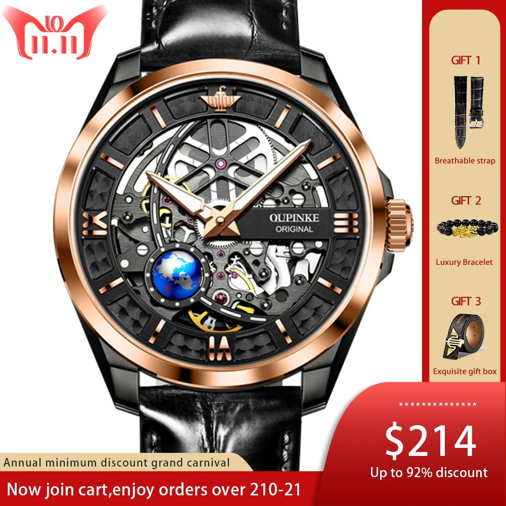 

Часы OUPINKE Мужские механические с автоподзаводом, водонепроницаемость до 50 м, сапфировое стекло, кожаный ремешок