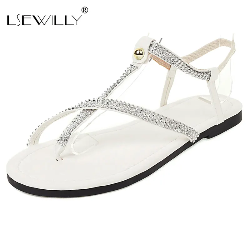 

Lsewilly 2021 женские сандалии из искусственной кожи с кристаллами летние на плоской подошве повседневные туфли с круглым носком с Т-образным рем...