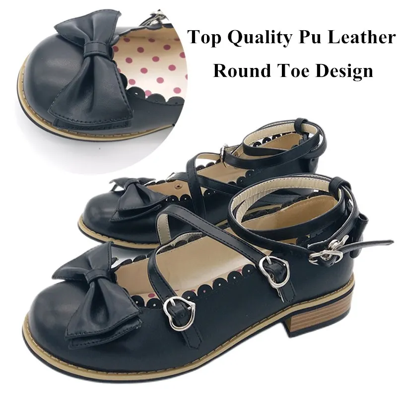 Lovely Women Round Toe Lolita Pumps Japanese Ankle Strap Low Heels Leather Pumps Sweet Bowtie Princess Party Shoes Plus Size 42