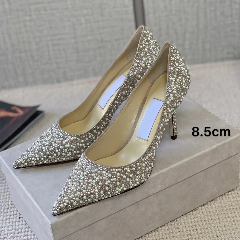 

Fashion Ladies Hot Diamond Pearl High Heels Shoes Soft Leather Heels Shoes Woman Pointed Toe Brand Wedding High Heels