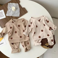toddler kids waffle cartoon pullover sweatshirt set baby boys and girls bear print casual long sleeve coat pant two piece suit