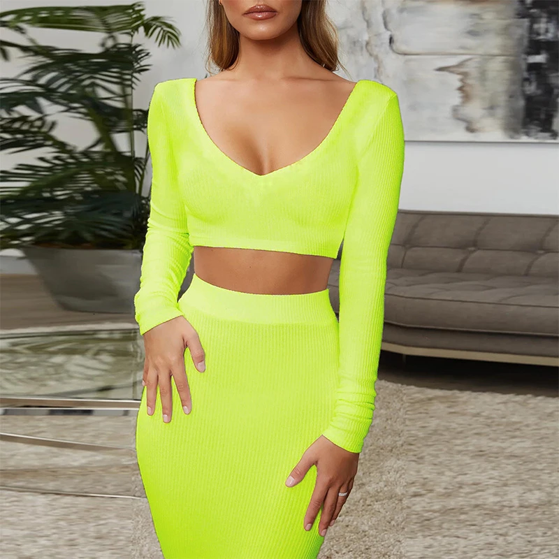 Women Two Piece Outfits Sets Long Sleeve Crop Tops And Pencil Skirt Set Female Slim Elegant Matching Spring Autumn |