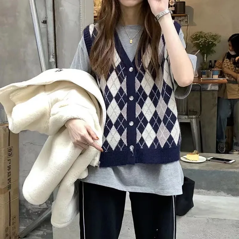 

Loribindwood 2021 осенне-зимний клетчатый вязаный жилет в студенческом стиле с v-образным вырезом Женская одежда свободный и универсальный свитер б...