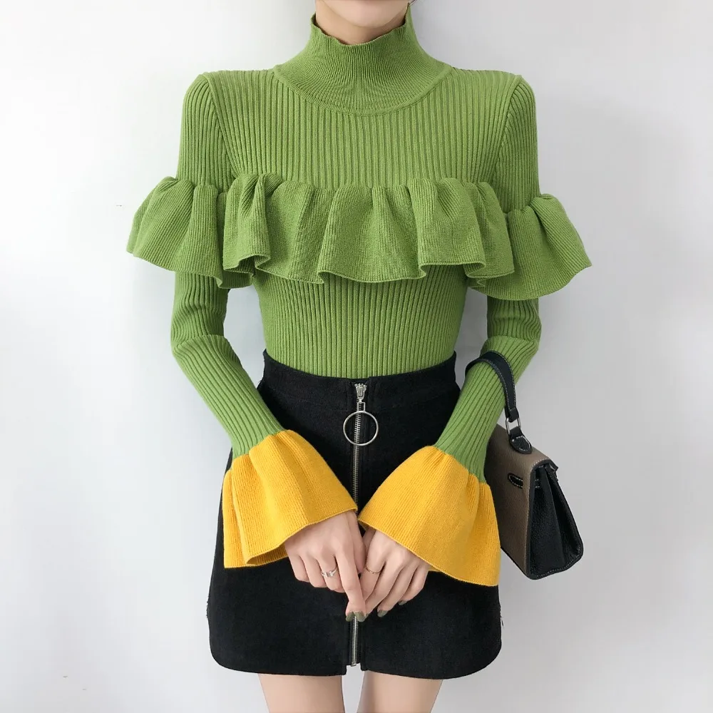 H Han queen, осенне-зимние женские свитера с оборками, пуловеры, корейский Повседневный укороченный свитер, тонкий однотонный вязаный джемпер, мягкий mujer