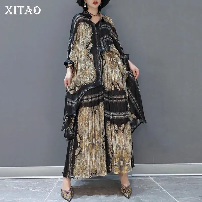 

XITAO Fashion Print Women Pant Sets Summer New Loose Large Size Contrast Color Irregular Splicing Batwing Sleeve Top CLL1383