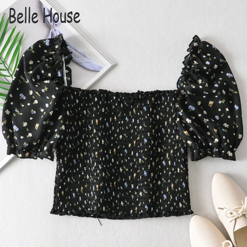 

Women Vintage Square Collar Puff Sleeve Print Smock Blouse Female Sweet Elastic Slim Shirts Chic Ruffles Blusas Tops NZ0115