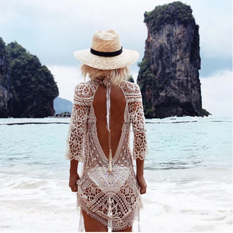 

Women White Swimwear Cover Up Tunic Beach Dresses Backless Bathing Suit Tunic Lace Crochet Swimming Beach Wear