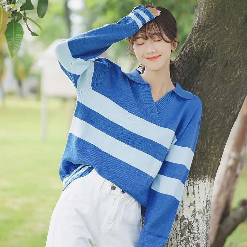 

Полосатый свитер, модный Свободный пуловер, женские зимние свитера, эстетичный свитер, ретро свитер, бежевая вязаная рубашка-поло