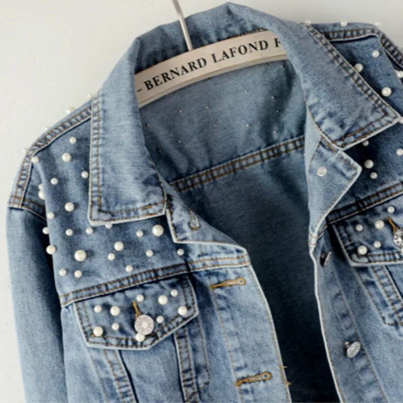 Элегантные жемчужные бусины короткие джинсовые куртки для женщин с длинным