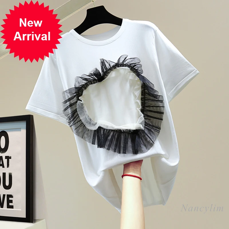 

Oversized Tee T-Shirts Woman Love Contrast Color Mesh Stitching Stretch Ice Silk Knitted Tops 2021 Summer Korean Style Loose