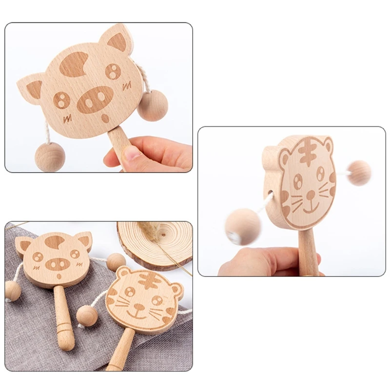 

Baby Wooden Cartoon Traditional Spinning Music Rattle Drum Hand Bell Musical Educational Toy