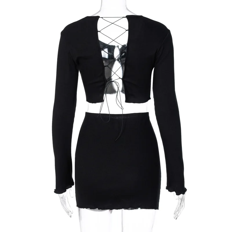 

WLFZQM Summer Outfits For Women Bandage Sexy Women 2 Piece Sets Long Sleeve Party Club Hollow Out Outfits Crop Top And Skirt