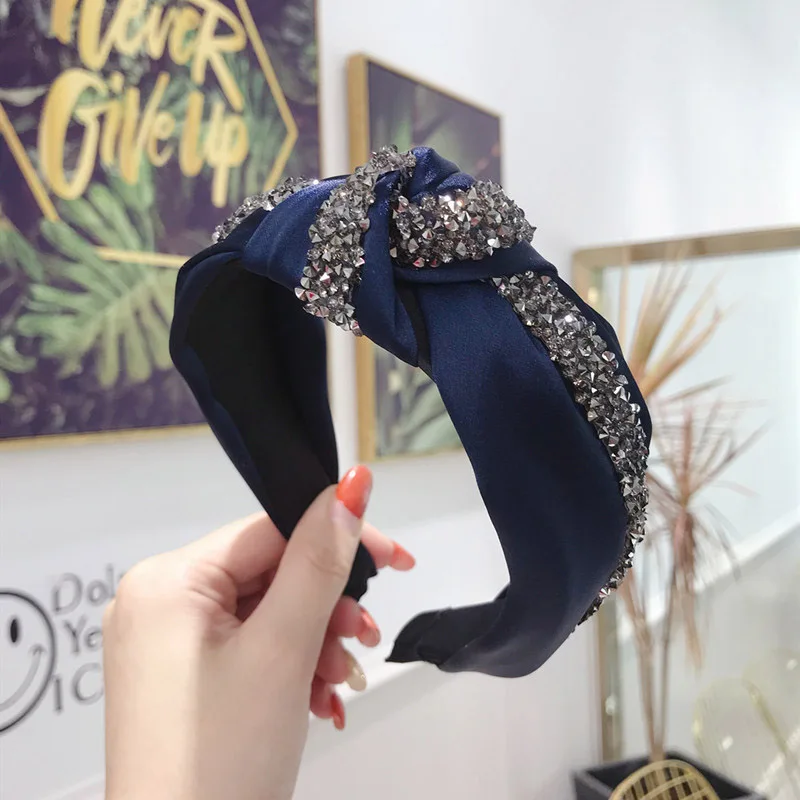 

New Rhinestone Hairband Women Solid Wide Side Headband Middle Knot Turban Girls Autumn Winter Hair Accessories Headwear