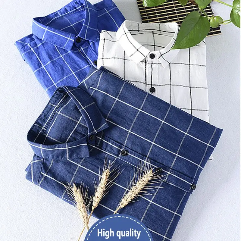 Мужская клетчатая рубашка с длинным рукавом повседневная приталенная из 100% льна