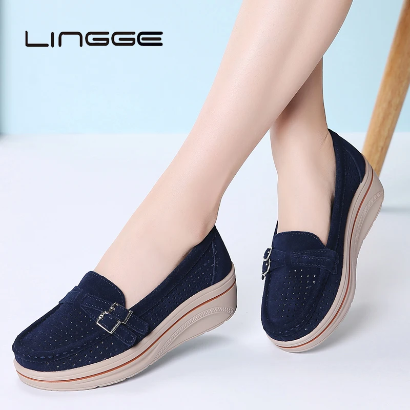 

LINGGE Summer Fashion Women Flats Shoes Genuine Leather Loafers Women Shoes Slip-on Comfortable Ladies Boat Shoes 35-42