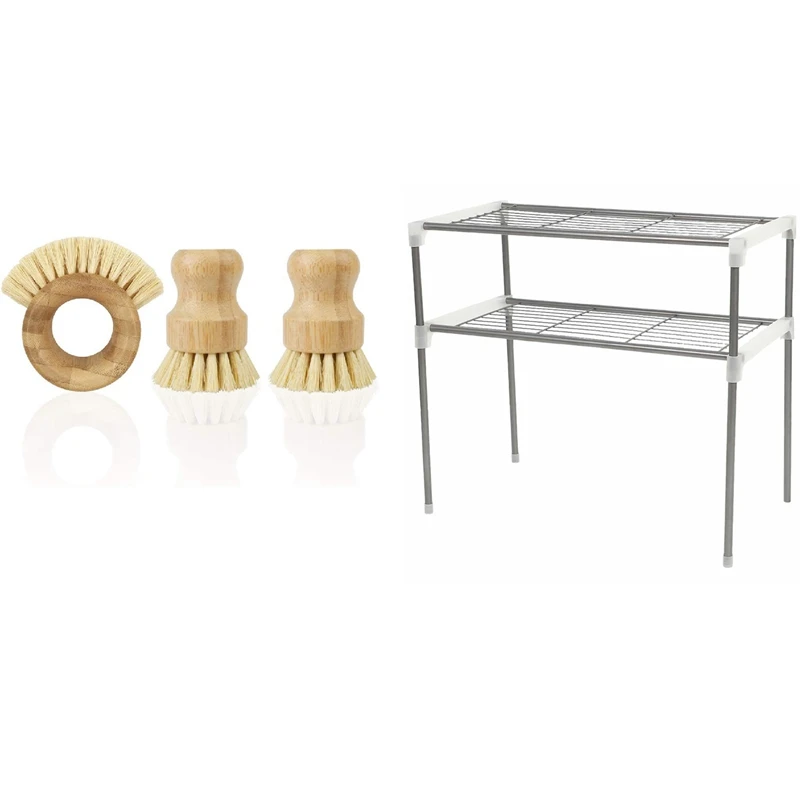 

1X Регулируемая Стальная Полка для микроволновой печи, съемная стойка и 3 шт., Бамбуковая щетка для чистки посуды