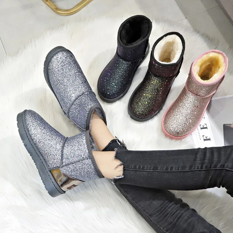 Модные ботиночки на плоской подошве с блестками Женская хлопковая обувь Зимние