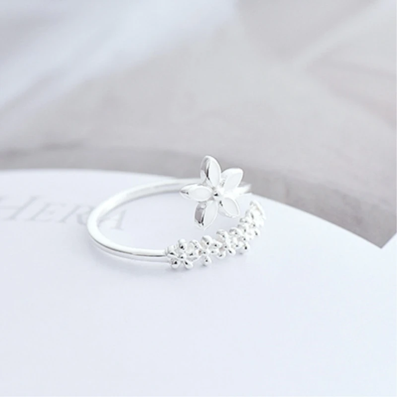 

Fresh Flower 925 Sterling Silver Temperament Personality Literary Fashion Gift Korea Female Resizable Opening Rings