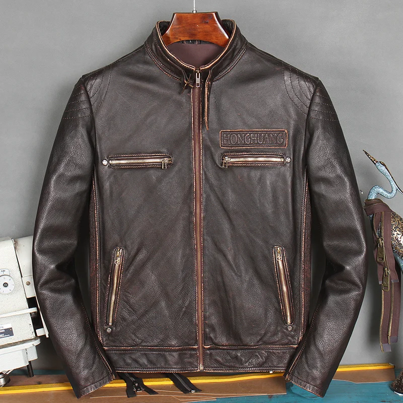 

2021 Vintage Brown Skulls Pattern Motorcycle Style Genuine Leather Jacket Men Plus Size 3XL Real Cowhide Autumn Slim Biker Coat