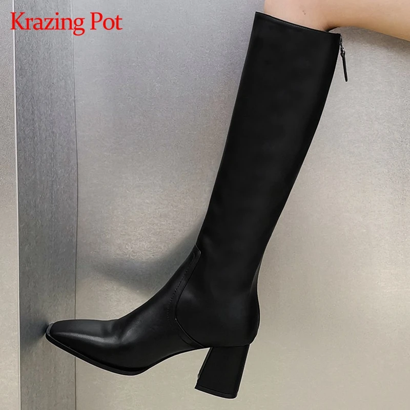 

Krazing pot equestrian boots real leather high street fashion thick high heel square toe zipper korean noble knee high boots L12
