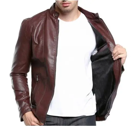 

Chaquetas de cuero sintético para hombre, Estilo de motocicleta clásica con cuello levantado, Abrigos de moda, novedad de 2021