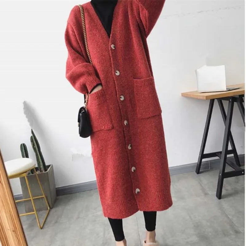 Женский длинный шерстяной свитер с v-образным вырезом однобортный вязаный