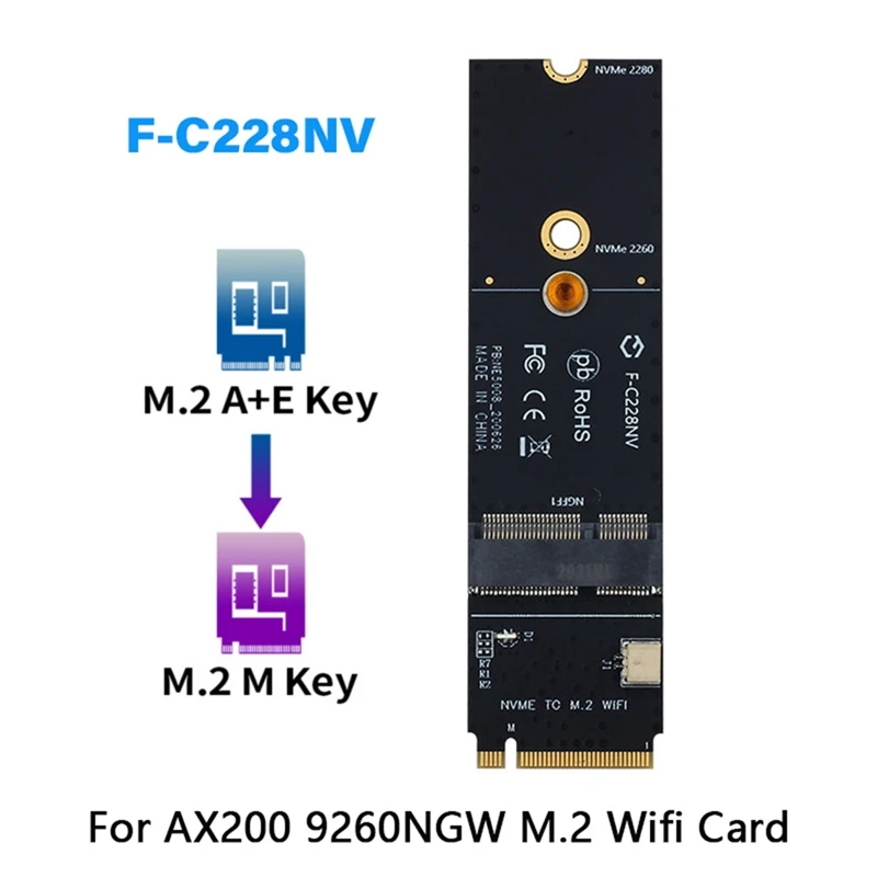 Беспроводной адаптер M.2 A+E Key Slot to M Wifi Bluetooth для карты AX200 9260 Bcm94352Z NVMe PCI Express SSD.