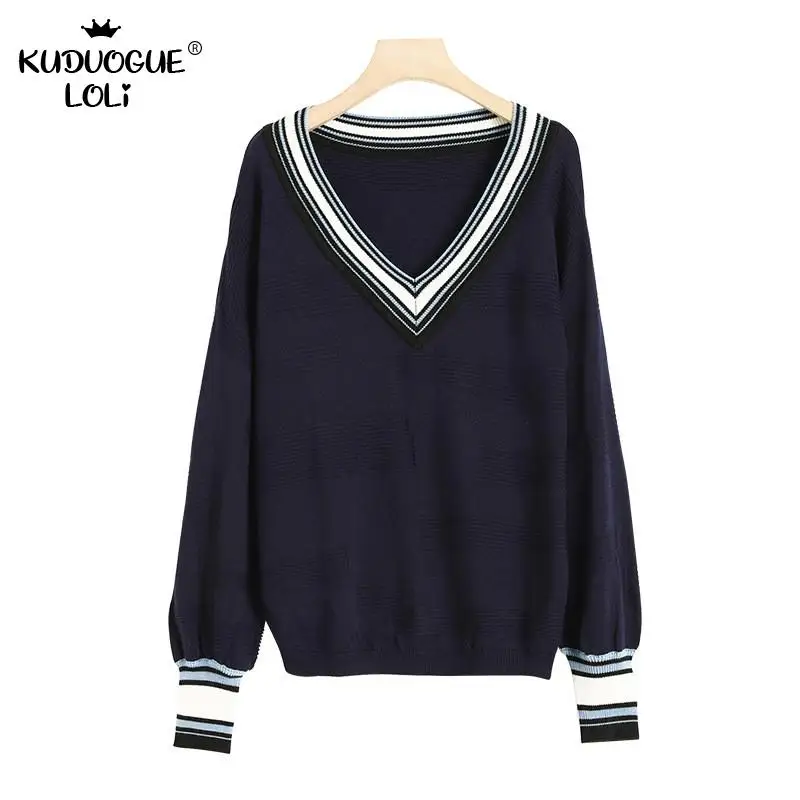 

England Style Vintage Women Sweater Striped V-Neck Slim Lazy Knitwear Knitted Pullover Loose Large Size Top Autumn Spring Winter