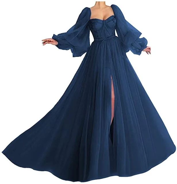 

Blue Prom Dresses Long Tulle Beaded Crystal Puffy Sleeve Backless Formal Evening Party Gown Beauty Pageant Dress