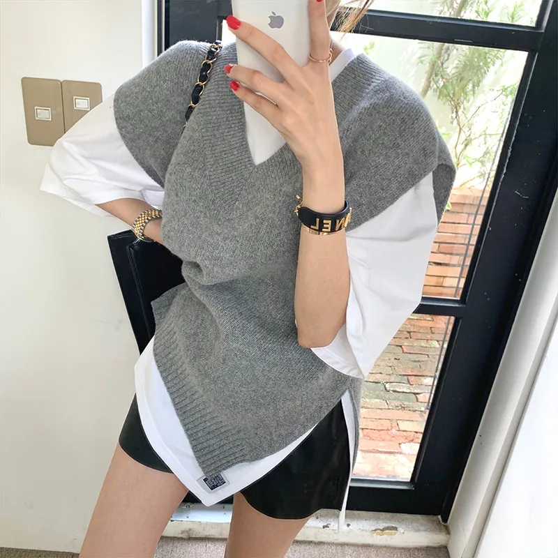 

Women Vest 2021 Korean Autumn Knitted Vest Women's Retro Loose Temperament Comfortable Outerwear Sleeveless Vest V-neck Sweater